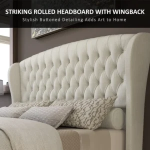 King Size Platform Bed Frame, Chenille Upholstered Sleigh Bed with Scroll Wingback Headboard & Footboard/Button Tufted,Beds - Image 6
