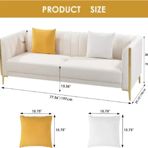 78'' Sofa, Modern White Couches for Living Room, Comfy, Faux Leather Sofa 3 Seater Sofa with 2 Throw Pillows and Gold Metal Legs - Image 3
