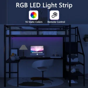 Full Size Loft Bed with Desk,Storage Stairs and Wardrobe,Full Loft Bed with Charging Station(USB Port,Outlets) and RGB LED Light - Image 4