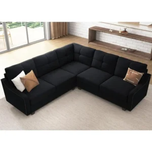 Convertible Sectional Sofa Velvet L Shaped Couch Reversible 4 Seat Corner Sofas for Small Apartment,Velvet Black Sofa - Image 4