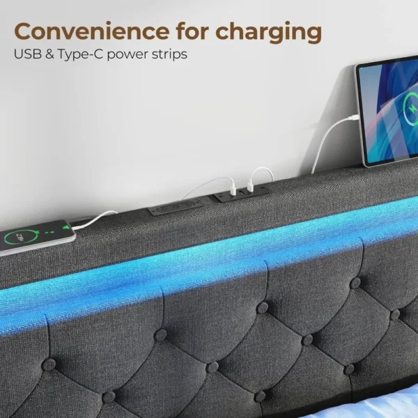 Twin Bed Frame with LED Lights and Charging Station, Upholstered Bed with Drawers, Wooden Slats, Noise Free, Easy Assembly - Image 3