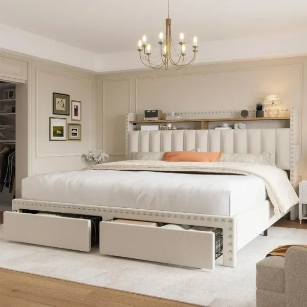 Queen size Bed Frame with 2 Drawers, Upholstered Headboard and Storage, NO Noise, No Box Spring Needed, Queen size Bed Frame - Image 2