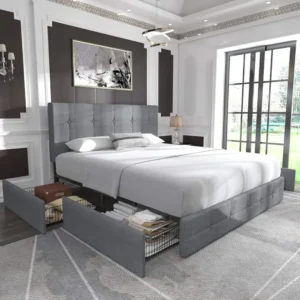 Allewie Upholstered Queen Size Platform Bed Frame with 4 Storage Drawers and Headboard, Square Stitched Button