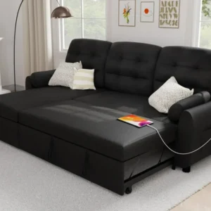 Sectional Sofa, with Reversible Storage Chaise Pull Out Couch for Living Room |Charging Station | Removable Backrest