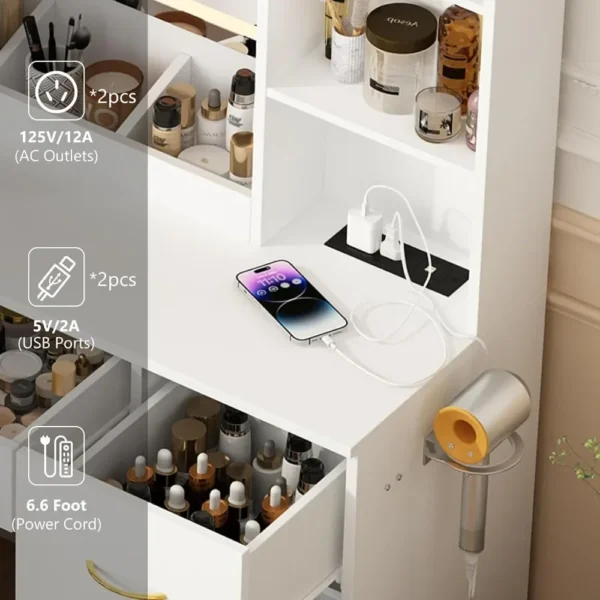 Air Dresser LED White Vanity Set With Stool and Power Outlet Bedroom Furniture Home Makeup Vanity Table Girls(White) Furnitures - Image 5