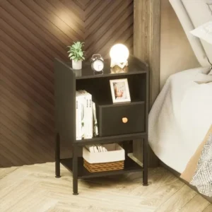 Nightstand with Charging Station,Storage Drawer,Modern 3-Tier End Side Table,Small Wood Bedside Table for Bedroom,Living Room - Image 5