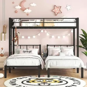 Metal Triple Bunk Beds Kids Teens Space Saver Three Bed Bunk Beds Can Separate into 3 Twin Beds Full-Length Guardrails Sturdy