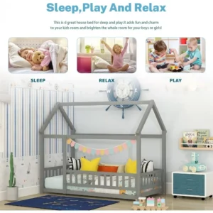 Twin Room - Floor Bed, Children with Fence and Roof, Girls, Boys (Twin, Gray) , Wooden Montessori Bed - Image 3