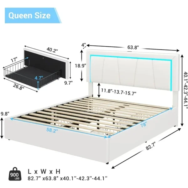 Queen/King/Full Size LED Bed Frame, with Storage Drawer and USB Port, Modern Faux Leather Upholstered Headboard - Image 2