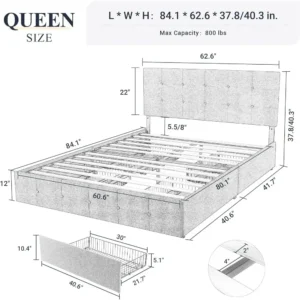 Allewie Upholstered Queen Size Platform Bed Frame with 4 Storage Drawers and Headboard, Square Stitched Button - Image 2