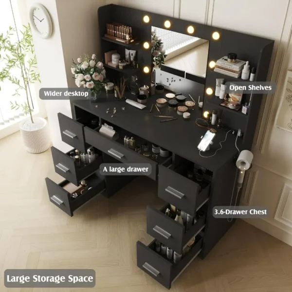 Vanity Desk with Mirror, Power Outlet and 10 Lights, Makeup Table with 7 Drawers, 3 Color Modes Available for Bedroom, Black - Image 2
