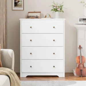 White Dresser 4 Drawer Dressers Chest of Drawers Modern Tall Dresser Wood Drawer Chest Storage Cabinet for Living Room - Image 2