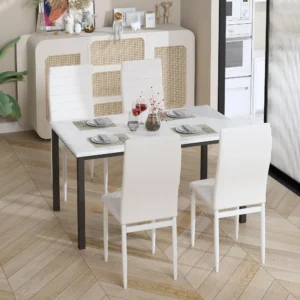 Dining Table Set for 4, Kitchen Table and Chairs, Faux Marble Dining Table with 4 Upholstered PU Leather Chairs - Image 4