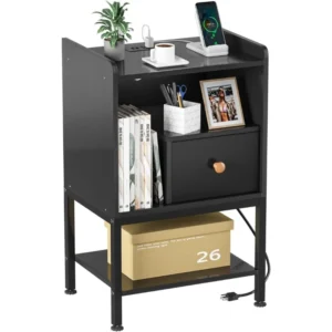 Nightstand with Charging Station,Storage Drawer,Modern 3-Tier End Side Table,Small Wood Bedside Table for Bedroom,Living Room - Image 4