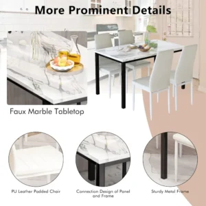 Dining Table Set for 4, Kitchen Table and Chairs, Faux Marble Dining Table with 4 Upholstered PU Leather Chairs - Image 6