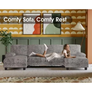Sectional Couches for Living Room, U-Shaped Sofa Couch with Linen Fabric, 4 Seat Sofa Set with Double Chaise for Apartment Grey - Image 4