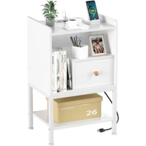 Nightstand with Charging Station,Storage Drawer,Modern 3-Tier End Side Table,Small Wood Bedside Table for Bedroom,Living Room