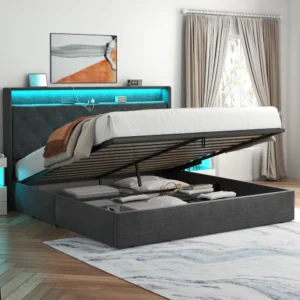 Queen Lift Up Bed Frame with Charging Station & LED Lights, Upholstered Bed with Button Tufted Wingback Storage Headboard