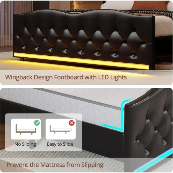 LED Bed Frame Queen Size with Tall Headboard Footboard, Charging Station, PU Leather Upholstered Platform, Storage Headboard - Image 4
