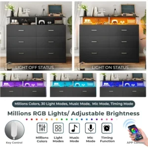 Black Dresser for Bedroom with 6 Drawers, Dressers & Chests of Drawers with Column Design & Charging Station, Modern Bedroom - Image 3