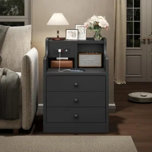 Black Nightstand with Charging Station 3 Drawers, Wood Sofa End Side Table with USB Ports and Outlet - Image 3
