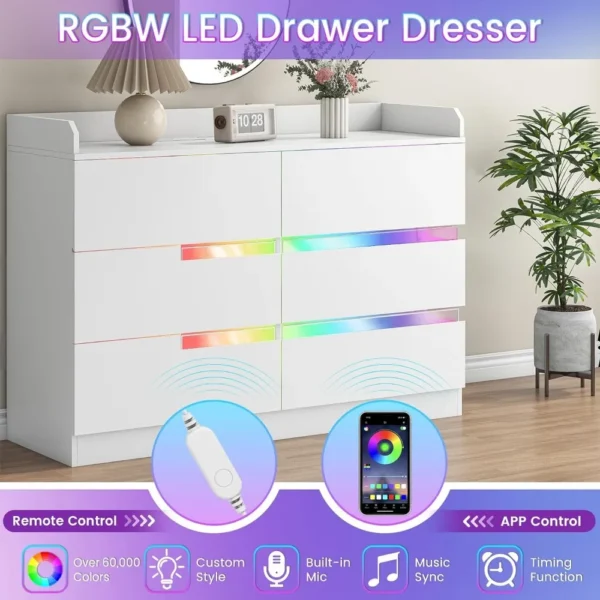 White Dresser with LED Lights & Charging Station Dressers & Chests of Drawers for Bedroom Ample Storage Space with 6 Drawers - Image 4