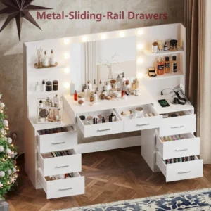 61.9" Vanity Desk Set,LED Lighted Mirror & Lights,7Large Drawer & Six Open Storage Dresser,Bedroom Dressing Table. - Image 4