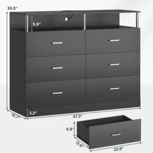 Black Dresser for Bedroom with 6 Drawers, Dressers & Chests of Drawers with Column Design & Charging Station, Modern Bedroom - Image 2