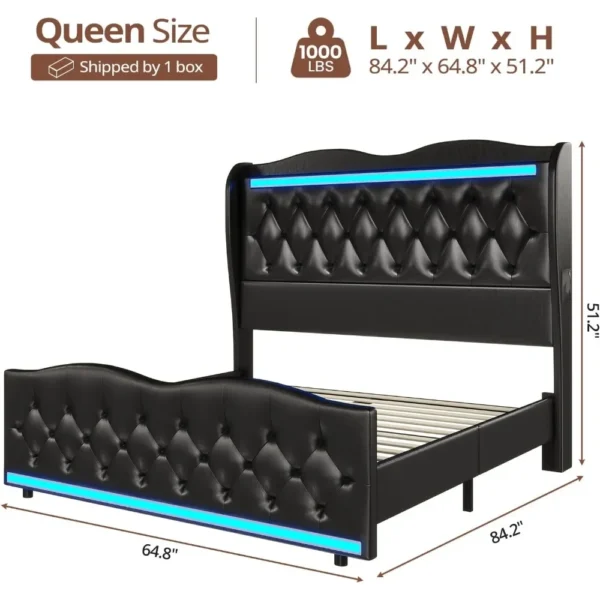 LED Bed Frame Queen Size with Tall Headboard Footboard, Charging Station, PU Leather Upholstered Platform, Storage Headboard - Image 2