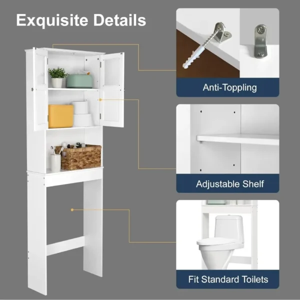 Over The Toilet Storage Cabinet with Adjustable Shelf White BathroomFloor Organizer Space Saver with Double Doors - Image 6