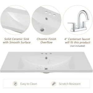 36" Bathroom Vanity with Sink, Wood White Bathroom Sink Cabinet with 3 Drawers and Doors, Wood Bathroom Vanity Set - Image 4