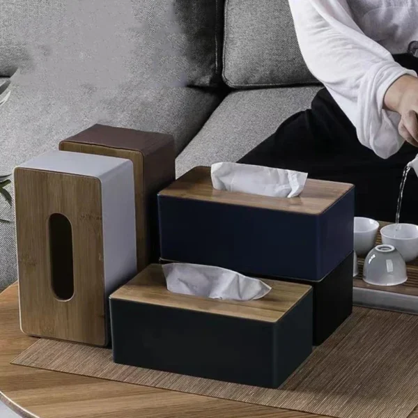 Tissue Box Table Napkin Rings Tissue case Paper Box Container Bamboo Cover Solid Wood Storage Box Home Table Decoration - Image 5