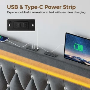 Full Bed Frame with LED Light and Charging Station, Upholstered High Headboard and Footboard, Wood Slats, Bed Frame - Image 4