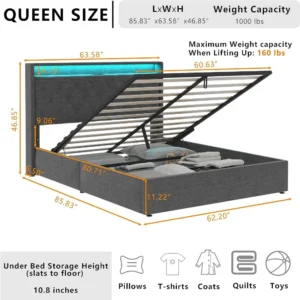 Queen Lift Up Bed Frame with Charging Station & LED Lights, Upholstered Bed with Button Tufted Wingback Storage Headboard - Image 5