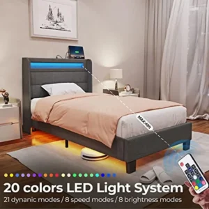 LED Twin Size Bed Frame with Charging Station and Motion Activated Night Light Dark Gray USB Port Remote Control Modern Style - Image 4