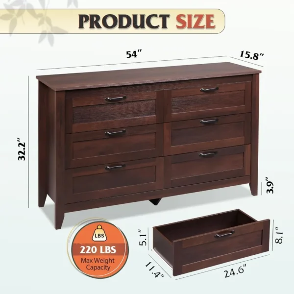 6 Drawer Dresser, Retro Chest of Drawers with Metal Handle, Double Wood Dresser for Bedroom, Living Room, Large Storage Cabinet - Image 3
