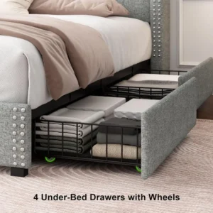 Queen Bed Frame with 4 Storage Drawers, Upholstered Platform Bed Frame, No Box Spring Needed, King Bed - Image 4