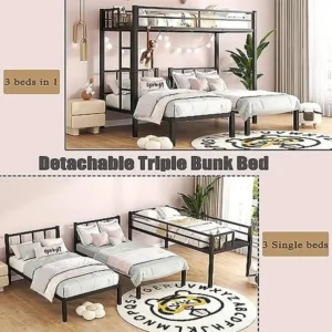 Metal Triple Bunk Beds Kids Teens Space Saver Three Bed Bunk Beds Can Separate into 3 Twin Beds Full-Length Guardrails Sturdy - Image 4