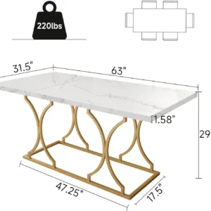 63" Luxury Dining Table Kitchen Dining Room Table Rectangle Modern Marble White Dinner Table with Gold Metel Frame for 6 People - Image 2