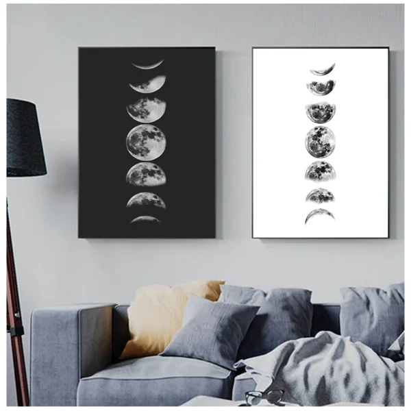 Moon Phases Wall Art Canvas Poster Print , Black and White Moon Phases Poster Painting La Luna Pictures Home Wall Art Decor - Image 2