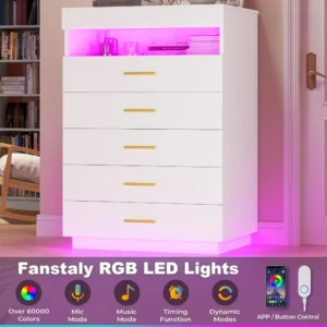 White Dressing Table with LED Lights, 5 Drawers with Pull-Out Tray and Open Space, Modern High Dressing Table - Image 3