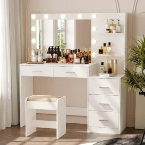 Dressing Table with Illuminated Mirror, Large Dressing Table with Storage Shelves and 5 Drawers, Bedroom Dresser - Image 2