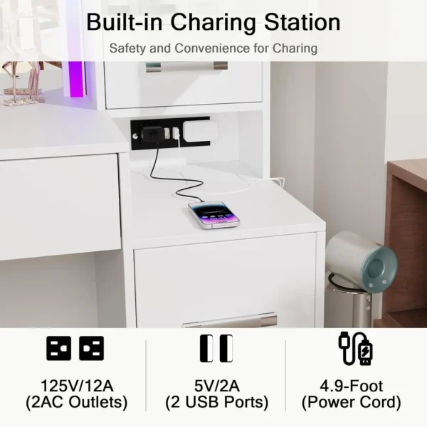 Vanity Desk with Mirror and Lights 43.3'' Large Makeup Vanity with Ambient Light & Power Outlet Dressing Table with 7 Drawers - Image 5