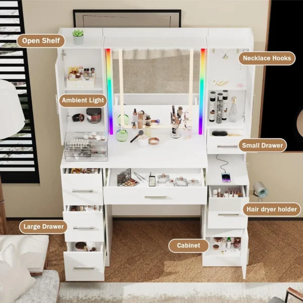 Vanity Desk with Mirror and Lights 43.3'' Large Makeup Vanity with Ambient Light & Power Outlet Dressing Table with 7 Drawers - Image 6