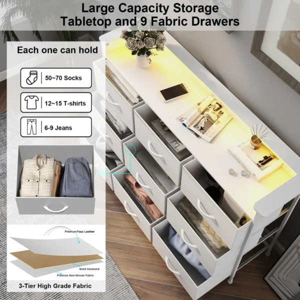 White Dresser with LED Light for Bedroom 9 Drawer Dressers with Charging Station Chests of Drawers for Entryway Closet Living - Image 5