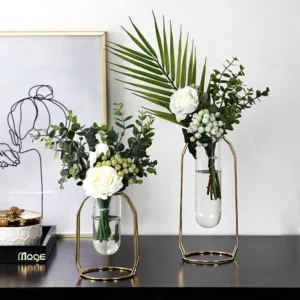 Nordic Modern Gold Wrought Iron Metal Hydroponic Vase Glass Test Tube Vase Geometric Iron Art Vase For Home Living Room Decor
