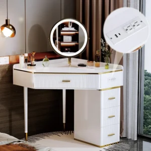 Vanity with Lighted Mirror, Makeup Dressing Table with 4 Drawers, Cabinet and Rotating Mirror, Writing Desk White - Image 3