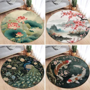 Chinese Lotus Flower Koi Cherry Blossom Living Room Decor Round Carpet Bedroom Carpet Home Floor Mat Washable Leisure Carpet
