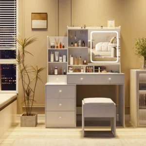 White Vanity Desk Set with Led Mirror,Makeup Vanity Table with Power Strip,Dressing Table with Stool&Lots Drawers,Vanity Mirror - Image 5