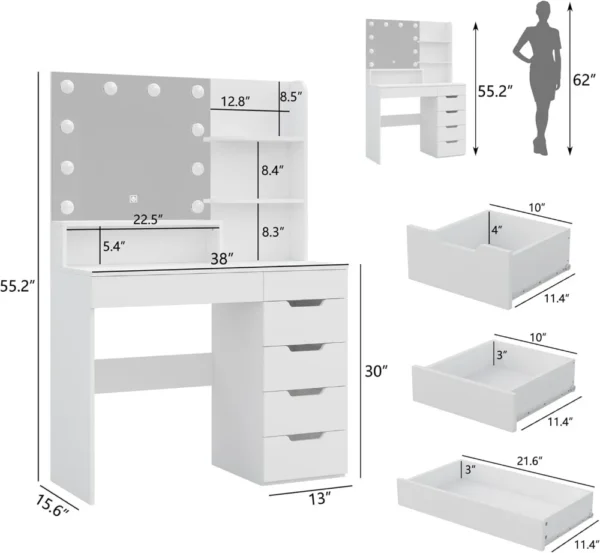 Vanity Desk with LED Lighted Mirror, Makeup Vanity Table Set with 6 Drawers, 3 Color Lighting Modes Brightness Adjustable Hidden - Image 6